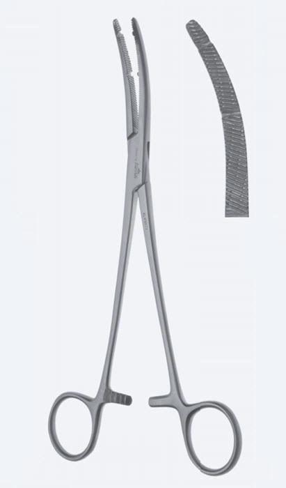 Зажими, хірургічні, для гістеректомії, "Heaney", вигнуті, зубчасті щелепи, з кремальєрою, загальна довжина 245 мм. Бренд - Asanus Medizintechnik Gmb, Німеччина